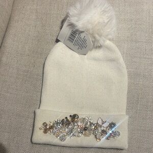 Embellished White Beanie with Pom Pom